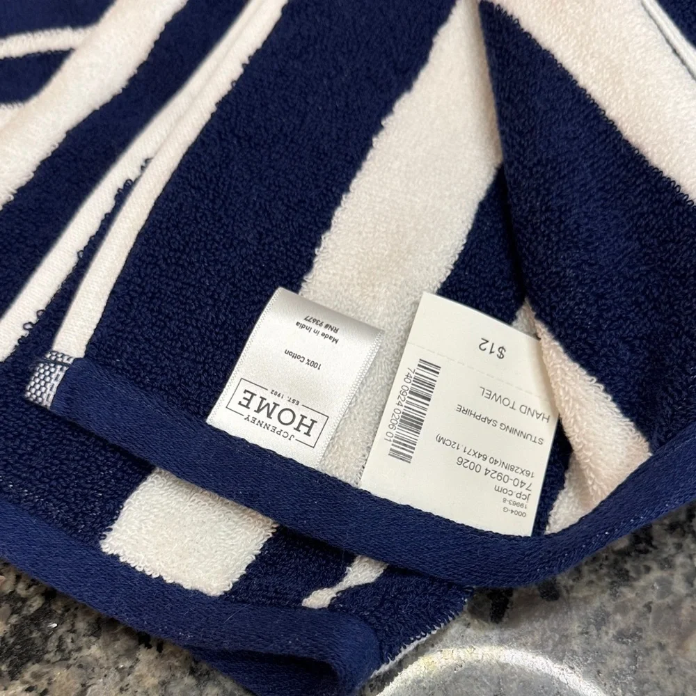 JCPenney Home Navy and White striped Performance Bath Towel set NWT